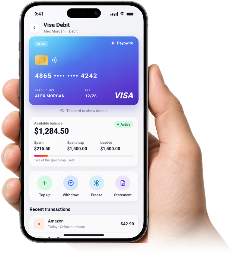 Payowire app card details screen with balance, spend cap, and card actions
