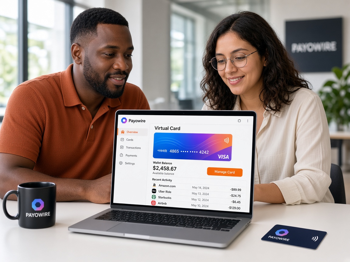 People reviewing a Payowire virtual card on a laptop